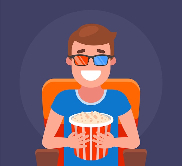 Moviegoer in 3d glasses watching a movie in the cinema flat vector illustration
