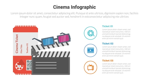 映画や映画館のインフォグラフィックのテンプレートダイアグラム - クラップボードとチケットを備えたスライドプレゼンテーションのための3ポイントステップクリエイティブデザイン