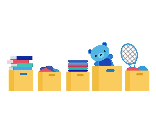 Вектор Перемещение ящиков с книгами, одеждой, плюшевым медведем и теннисной ракеткой, перемещение и распаковка