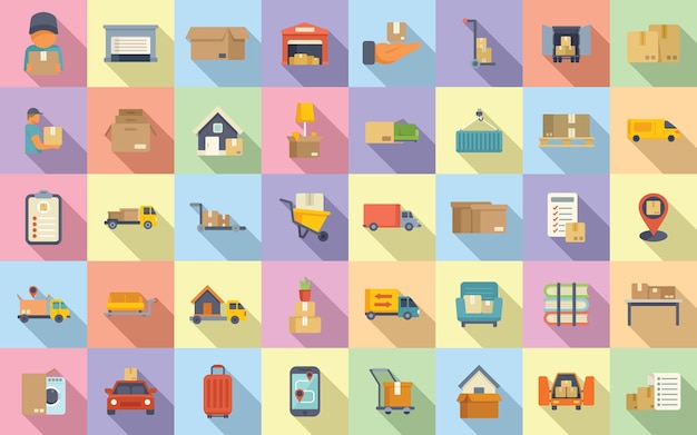 Moving house services icons set flat vector Storehouse box