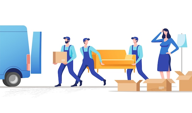 Moving house woman packing stuff to move to new house or apartment men carrying sofa and cardboard box illustration