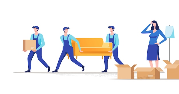 Vector moving house. woman packing stuff to move to new house or apartment. men carrying sofa and cardboard box.