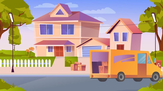 Moving to new home concept in flat cartoon design. Huge suburban house on street, truck with cardboard boxes. Relocation to new apartment and transportation of things. Vector illustration background