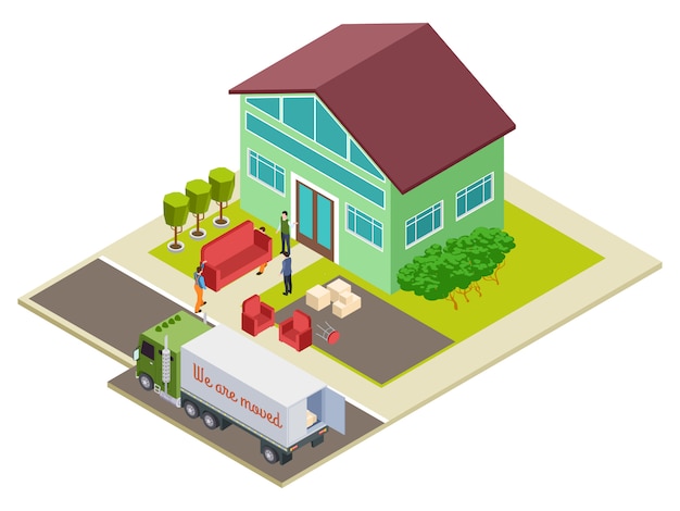 Moving to a new home, furniture delivery  isometric illustration