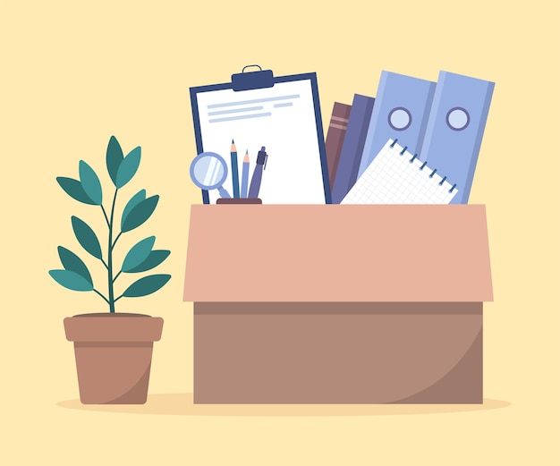 Moving new office concept flat style office accessories in a cardboard box vector illustration