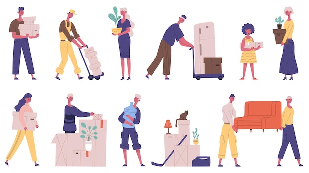 Moving out people. family moving new house, characters carrying boxes and furniture, cargo delivery service vector illustration set. house moving day