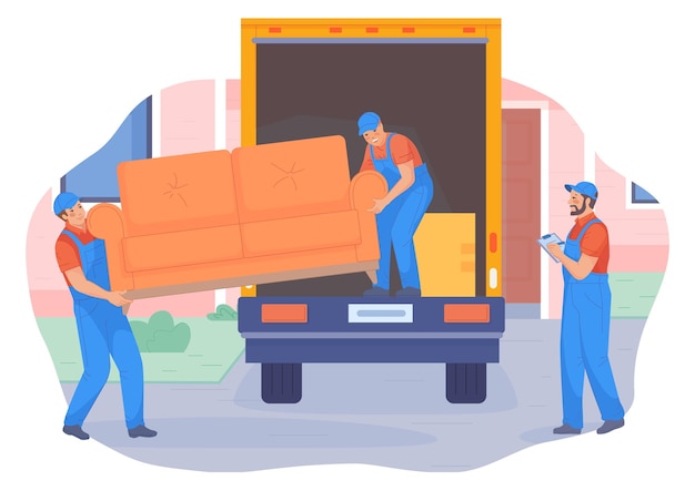 Vector moving service workers carrying furniture in shipping truck