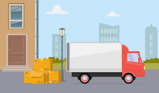 Moving truck and cardboard boxes on city street Moving House Transport company Vector flat illustration