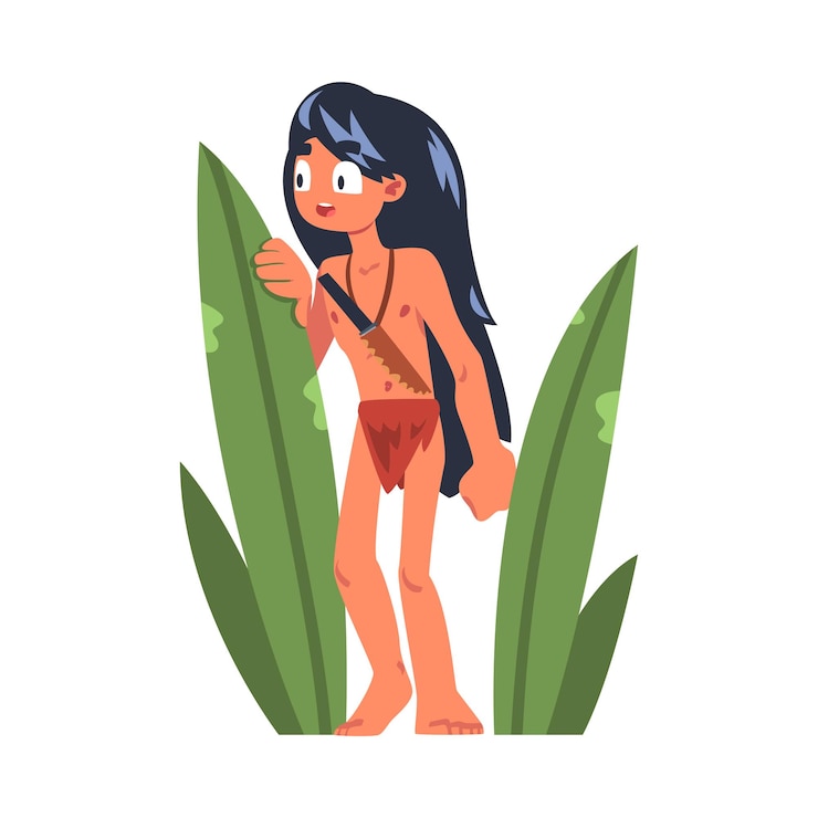 Vector mowgli as feral boy from jungle raised by wolves hiding behind leaves vector illustration