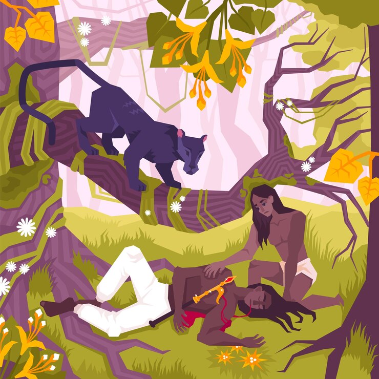Vector mowgli color flat composition with the story of the wound in the jungle vector illustration