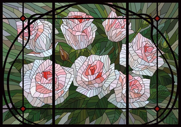 Mozaïek gebrandschilderd glas witte rozen op een groene achtergrond in art nouveau-stijl frame