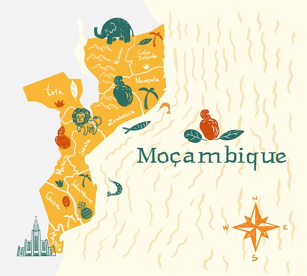 Mozambique kaart met verschillende flora en fauna symbolen geografische namen letters Vector