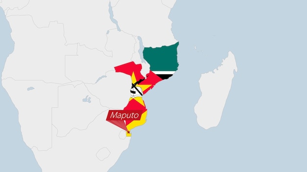 Mozambique map highlighted in Mozambique flag colors and pin of country capital Maputo