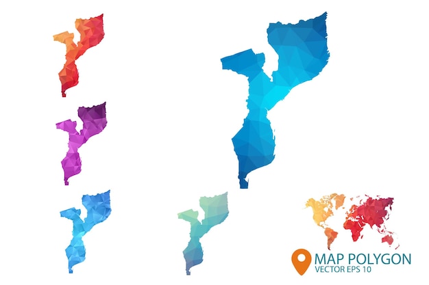 Vector mozambique map set of geometric rumpled triangular low poly style gradient graphic background