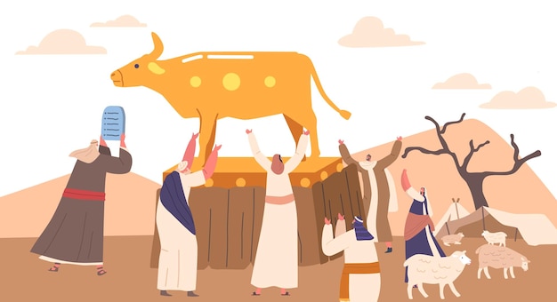 Mozes houdt tabletten omhoog met de tien geboden israëlieten die het idool van de gouden stier aanbidden cartoon vectorillustratie