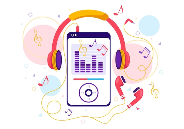 Vector mp3 player illustration with musical notation and phone of music listening devices in mobile app