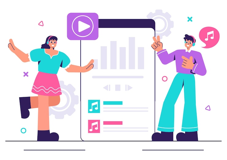 Vector mp3 player vector illustration featuring musical notations headphones headset and mobile app devices for music listening on a flat background