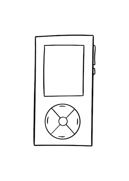 Vector mp3 player with display and buttons for listening to music on headphones doodle technique linear cartoon coloring