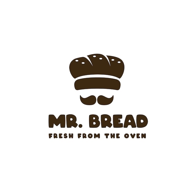 Vettore mr. bread logo design con un cappello da chef e un'illustrazione di baffi. modello di logo in grassetto per panificio