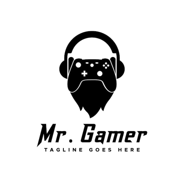 Mr gamer with headphones and beard logo design template