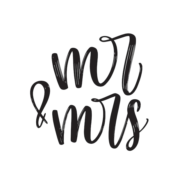 Mr and mrs text written with elegant cursive calligraphic font or script on white background. celebratory lettering for wedding party. decorative design element. monochrome vector illustration.