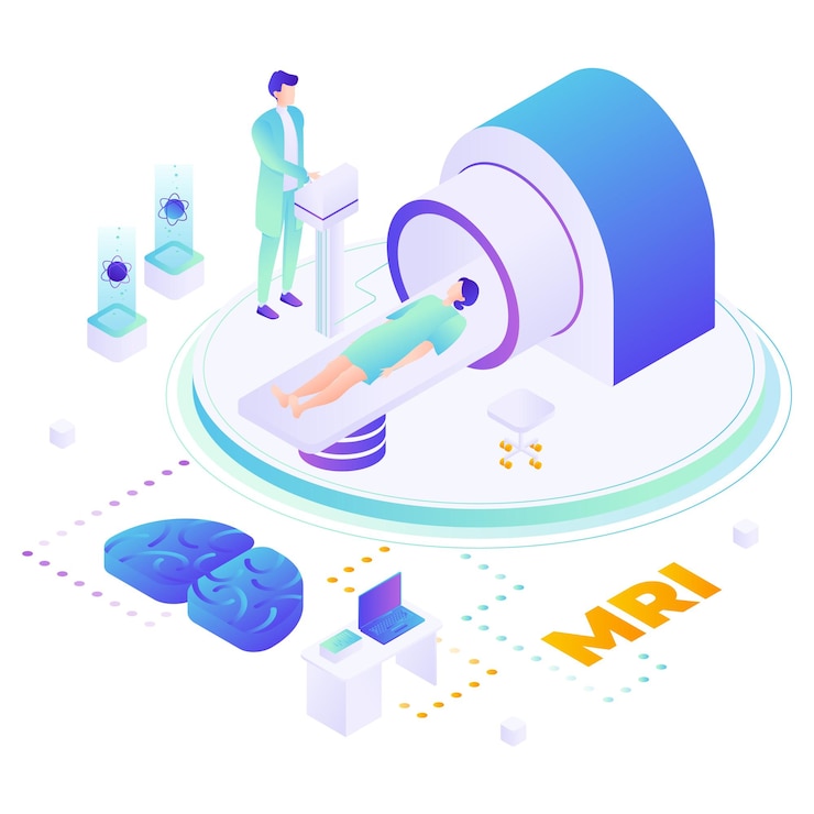 Vector mri examination doctor doing brain mri scan of patient flat vector isometric illustration head tomog...