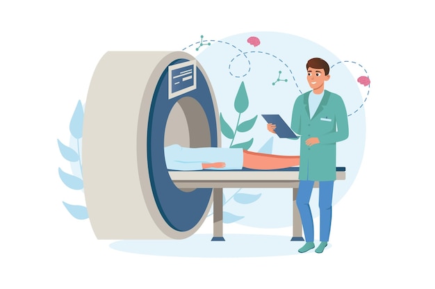 Vector mri machine medicine concept with people scene in the flat cartoon design the doctor does an mri