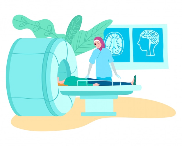 Vector mri tomography scanner in hospital, muslim doctor and patient on medical mri scanning examination   cartoon illustration.