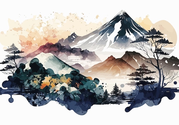 Mt Fuji in Japan Landscape in watercolor style