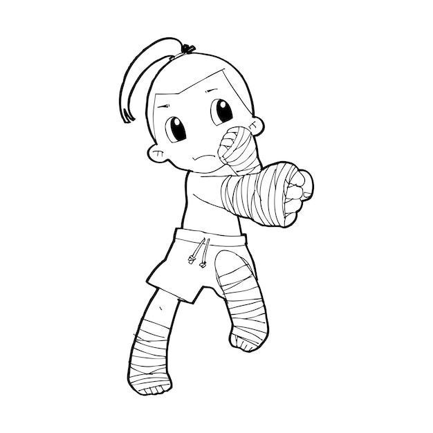 Muay Thai kick boxing Thai boxing cute kid fighting action cartoon doodle vector illustration