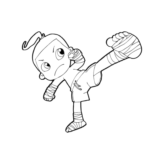 Vector muay thai kickboksen thais boksen schattige jongen vechten actie cartoon doodle vectorillustratie