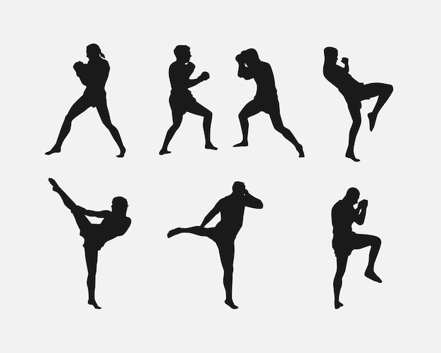 白い背景に設定されたムエ・タイ・キックボクシングのベクトル・シルエット 異なるポーズ 武術スポーツ
