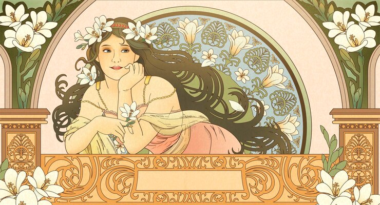 वेक्टर mucha style goddess holding freesia and leaning on beautiful balcony