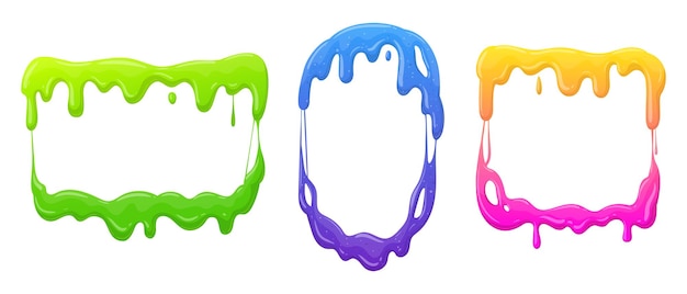 Mucus splash frames Cartoon slime borders jelly dripping frames Goo sticky slime splatters flat vector illustration collection