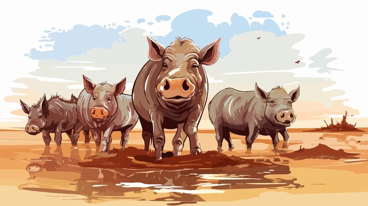 Vector muddy pigs and warthogs illustration scene