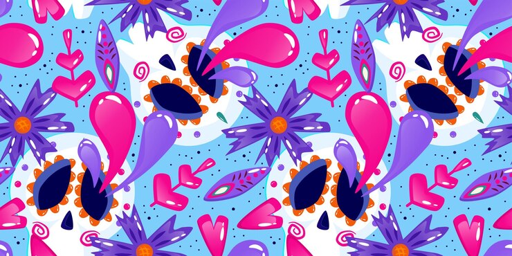 Vector muertos pattern with skull daisy and heart mexico day dead holiday floral skull face floral seamless background halloween seamless pattern blue background
