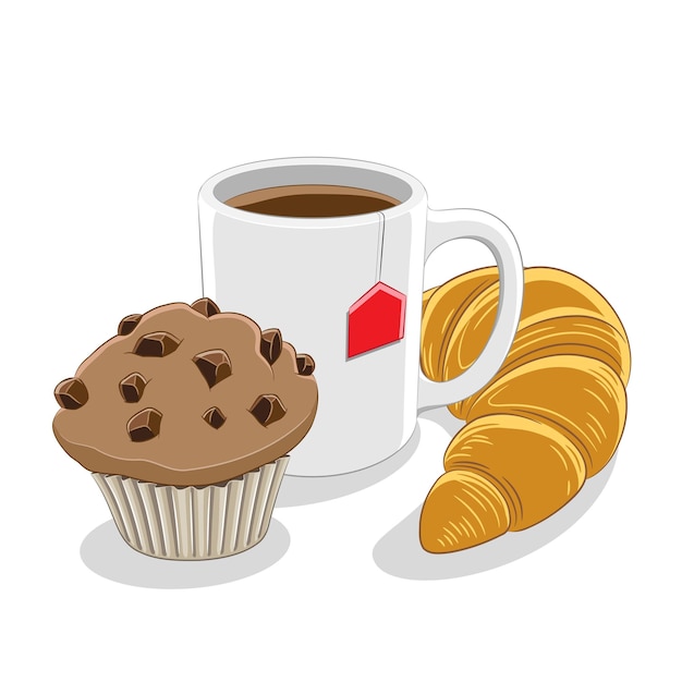 Vector muffin coffee mug and croissant breakfast vector illustration