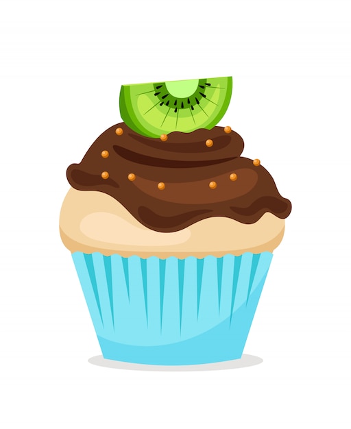 Muffin of zoete cupcake met chocolade glazuur en kiwi bovenop. vector dessert