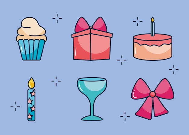 Muffin and party icon set over blue background