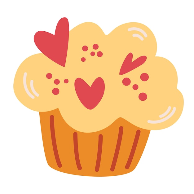 Muffin con i cuori. cibo da dessert dolce. cupcake con crema alla vaniglia per san valentino. illustrazione del fumetto di vettore. isolare su uno sfondo bianco.