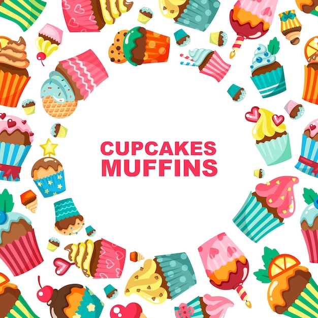 Muffins background decorative templates with colored delicious cupcakes vector picture