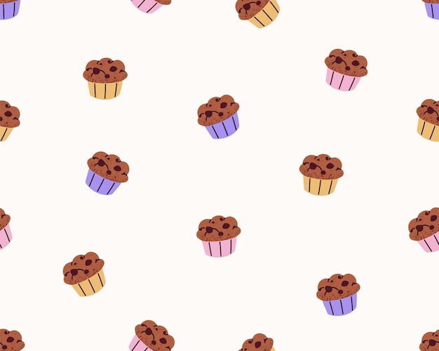 Muffins naadloos patroon eindeloze achtergrond met heerlijke chocolade cupcakes zoete bakkerijvoedsel lekker dessert herhalende print textuurontwerp platte vectorillustratie voor behang verpakking