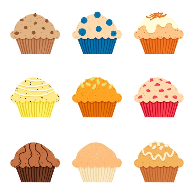 Muffins set with different toppings. Vector illustration on white background.