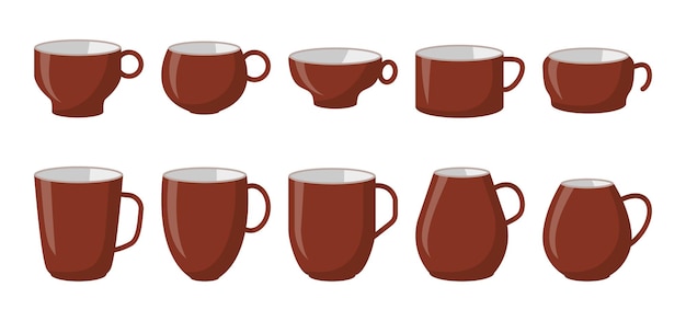 Кружка коричневая керамическая чашка кофе или чая набор иконок плоской различной формы пустой шаблон. Мультяшном стиле