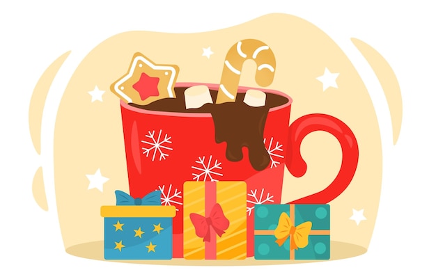 Чашка горячего шоколада Чашка с горячим напитком рядом с подарочными коробками Рождество и Новый год Напиток Зимние праздники Плакат или баннер Карикатура плоская векторная иллюстрация изолирована на белом фоне