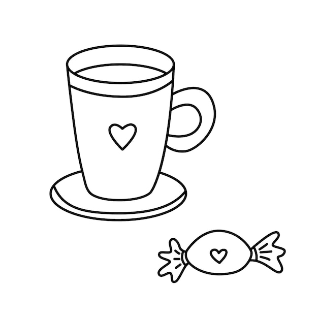 벡터 하트와 사탕 낙서 손으로 그린 그림으로 장식된 차 또는 커피 머그잔
