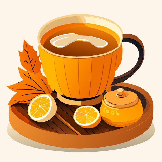 Vector mug of tea with lemon and nuts on a wooden stand i love autumn vector illustration