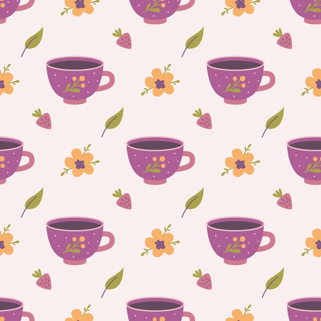 Mug with berries strawberries flowers and plants vector seamless pattern