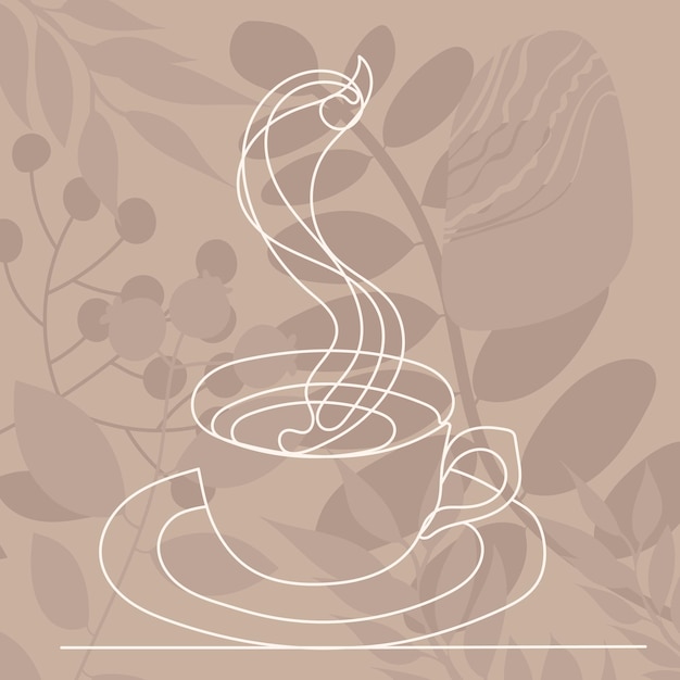 Mug with coffee drawing by one continuous line on an abstract background