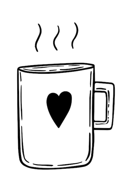 Tazza con manico e vapore per bevande con cuore doodle lineare